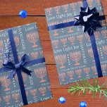 Hanukkah Rustic Menorah Love Light Add A Name Wrapping Paper<br><div class="desc">Create your own designer Hanukkah wrapping paper personalised with your name and this festive modern typography design and rustic faux wood menorahs theme on dark blue. You can add your family name or a child's name in light blue using the easy to edit text template. Bold typography in light blue...</div>