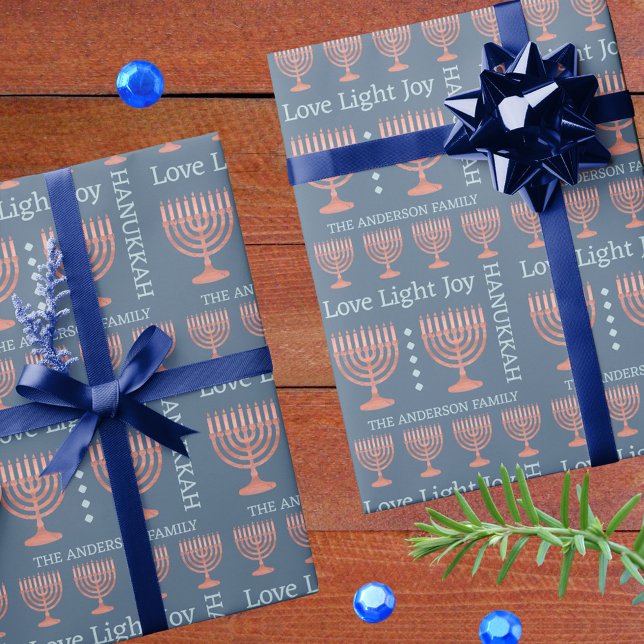 Hanukkah Rustic Menorah Love Light Add A Name Wrapping Paper (Love, Light, Joy - custom Hanukkah gift wrap with your name, rustic menorahs and modern typography)