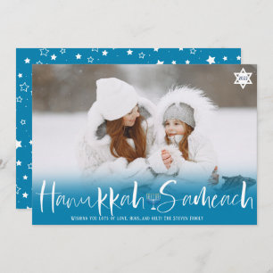 Hanukkah Sameach blue overlay script menorah photo Holiday Card