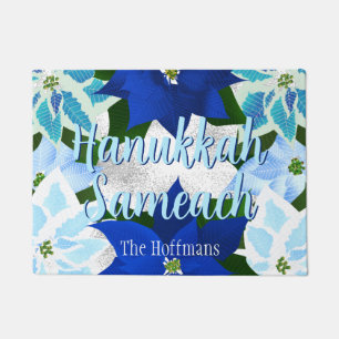 Hanukkah Sameach Blue Poinsettias Doormat