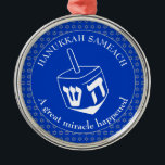 HANUKKAH SAMEACH | Chanukah | Dreidel Metal Tree Decoration<br><div class="desc">Stylish HANUKKAH SAMEACH Ornament with faux silver Star of David in a tiled pattern and a large white dreidel at the centre. The background color is Cobalt Blue. The text reads HANUKKAH SAMEACH at the top and A GREAT MIRACLE HAPPENED at the bottom. Both are CUSTOMIZABLE if you wish to...</div>