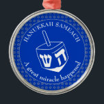 HANUKKAH SAMEACH | Chanukah | Dreidel Metal Tree Decoration<br><div class="desc">Stylish HANUKKAH SAMEACH Ornament with faux silver Star of David in a tiled pattern and a large white dreidel at the centre. The background color is Cobalt Blue. The text reads HANUKKAH SAMEACH at the top and A GREAT MIRACLE HAPPENED at the bottom. Both are CUSTOMIZABLE if you wish to...</div>