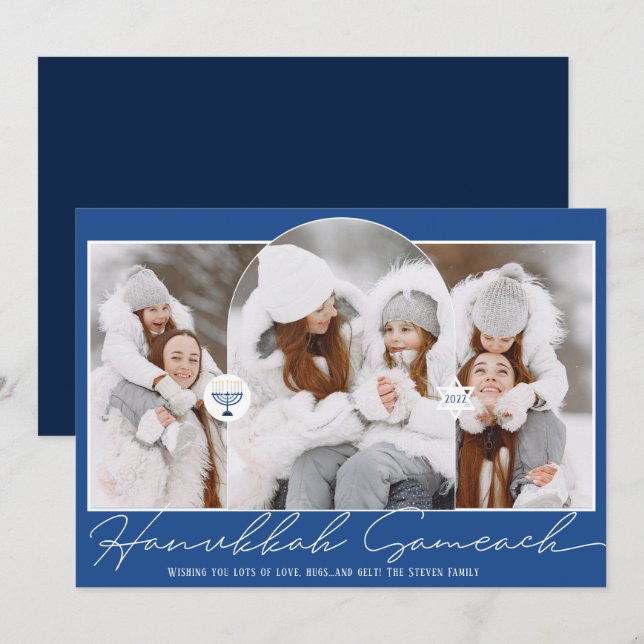 Hanukkah Sameach cool blue script menorah 3 photos Holiday Card (Front/Back)
