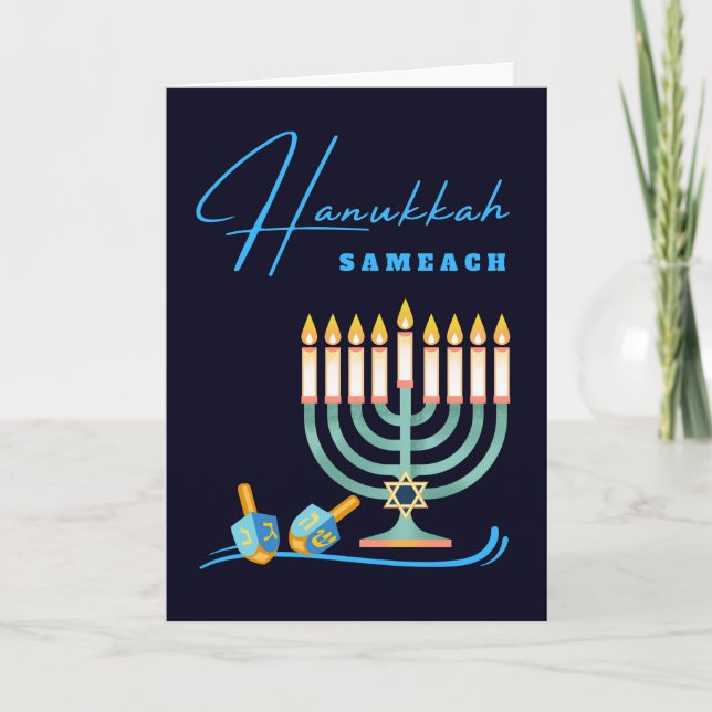 Hanukkah Sameach Menorah and Dreidels Card (Front)