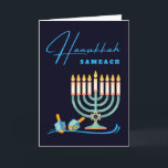 Hanukkah Sameach Menorah and Dreidels Card<br><div class="desc">Hanukkah Sameach,  Happy Hanukkah greeting card with a blank interior. Digital illustration with a menorah and two dreidels. Art,  image,  and verse copyright © Shoaff Ballanger Studios,  2022.</div>