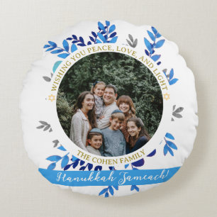 Hanukkah Sameach   Simple Hanukkah family photo Round Cushion