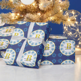 Hanukkah seamless blue pattern Family monogram Wrapping Paper