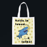 Hanukkah Shark Reusable Grocery Bag<br><div class="desc">Hanukkah Latke Shark Reusable Grocery Bag All design elements can be edited and/or transferred to other Zazzle products. Text can be edited. Use your favourite font style, colour, and size. Happy Chanukah! Style: Reusable Bag Go green and save the planet with our reusable grocery bag! Made with a lightweight polyester...</div>