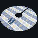 Hanukkah Silver Gold Menorah Optional Monogram Brushed Polyester Tree Skirt<br><div class="desc">Add your monogram initial to this fun silver and gold menorah pattern tree skirt in blue and white stripes for the Hanukkah bush. Monogram is easy to remove if you prefer the tree skirt without personalisation. The medium blue and white stripes are a traditional colour theme for Hanukkah, usually with...</div>