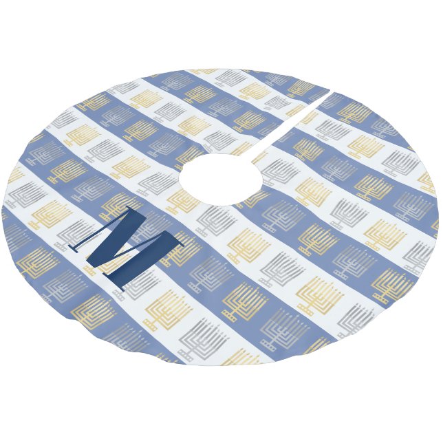 Hanukkah Silver Gold Menorah Optional Monogram Brushed Polyester Tree Skirt (Angled)
