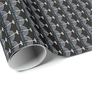 Hanukkah Silver Menorah on Black Wrapping Paper