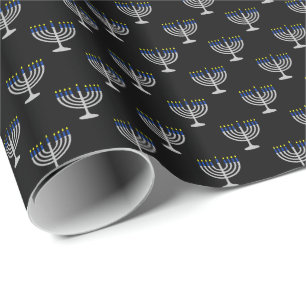 Hanukkah Silver Menorah on Black Wrapping Paper