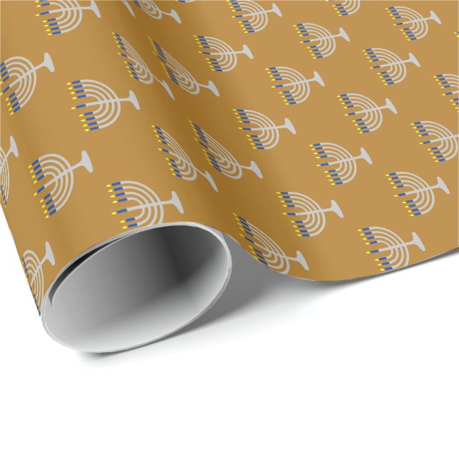 Hanukkah Silver Menorah on Matte Gold Wrapping Paper (Roll Corner)