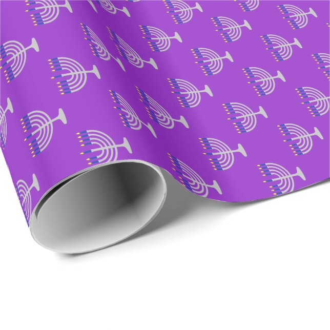 Hanukkah Silver Menorah on Purple Wrapping Paper (Roll Corner)