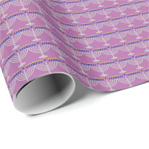 Hanukkah Silver Menorah on Radiant Orchid Purple Wrapping Paper