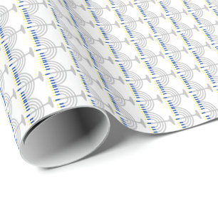 Hanukkah Silver Menorah on White Wrapping Paper
