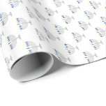 Hanukkah Silver Menorah on White Wrapping Paper<br><div class="desc">Wrapping paper with silver menorah with blue candles and yellow candle flame pattern on a white background. Customisable. Perfect for the Jewish holiday of Hanukkah (Chanukah).</div>