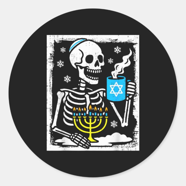 Hanukkah Skeleton Coffee Dreidel Jewish Menorah Ch Classic Round Sticker (Front)