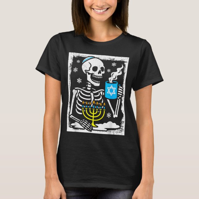 Hanukkah Skeleton Coffee Dreidel Jewish Menorah Ch T-Shirt (Front)