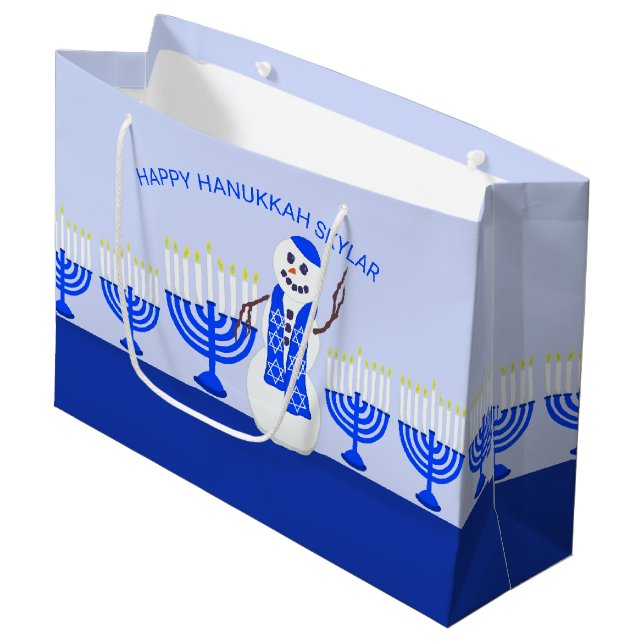 Hanukkah Snowman Add Your Name Fun For The Kids Large Gift Bag (Front Angled)