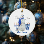 Hanukkah Snowman Blue Personalized name Menorah Ceramic Tree Decoration<br><div class="desc">This design was created though digital art. It may be personalized in the area provided or customizing by changing the photo or added your own words. Contact me at colorflowcreations@gmail.com if you with to have this design on another product. Purchase my original abstract acrylic painting for sale at www.etsy.com/shop/colorflowart. See...</div>