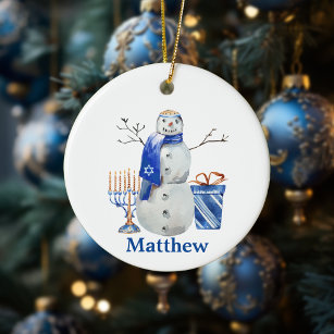 Hanukkah Snowman Blue Personalized name Menorah Ceramic Tree Decoration