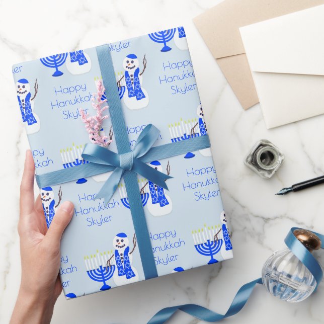 Hanukkah Snowman Chrismukkah Name And Message Wrapping Paper (Gifting)