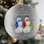 Hanukkah Snowman Christmas Our First Chrismukkah 2 Ceramic Tree Decoration<br><div class="desc">This design was created though digital art. It may be personalised in the area provided or customising by changing the photo or added your own words. Contact me at colorflowcreations@gmail.com if you with to have this design on another product. Purchase my original abstract acrylic painting for sale at www.etsy.com/shop/colorflowart. See...</div>