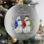 Hanukkah Snowman Christmas Our First Chrismukkah Ceramic Tree Decoration<br><div class="desc">This design may be personalised in the area provided by changing the photo and/or text. Or it can be customised by clicking Personalise this Template and then choosing the click to customise further option and delete or change the colour of the background, add text, change the text colour or style,...</div>