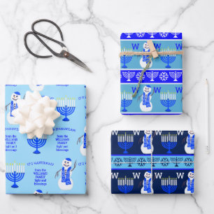 Hanukkah Snowman Monogram Holiday Assortment Wrapping Paper Sheet