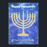 Hanukkah Snowstorm Menorah<br><div class="desc">A glowing gold Hanukkah menorah and "Happy Hanukkah" in glowing blue and white text superimposed on a blue and white fractal image reminiscent of snowflakes in a storm. Chag Sameach! Add your own additional text.</div>