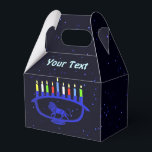 Hanukkah Snowstorm Menorah Favour Box<br><div class="desc">Features a lion-themed Chanukkah menorah, superimposed on a starry background, with all eight candles and the shamash burning. Hebrew text reading, "Chag Chanukkah Sameach" (Happy Hanukkah) appears in glowing blue and white on the reverse side. Add your own text on the front. Chag Sameach! Chanukkah is the mid-winter "Festival of...</div>