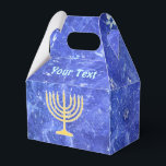 Hanukkah Snowstorm Menorah Favour Box<br><div class="desc">A glowing gold Hanukkah menorah superimposed on a blue and white fractal image reminiscent of snowflakes in a storm. Hebrew text reading,  "Chag Chanukkah Sameach" (Happy Hanukkah) appears in glowing blue and white on the reverse side. Add your own text on the front. Chag Sameach!</div>