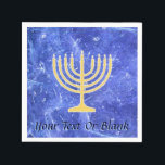 Hanukkah Snowstorm Menorah Napkin<br><div class="desc">A glowing gold Hanukkah menorah superimposed on a blue and white fractal image reminiscent of snowflakes in a storm. This image is also available on Chanukkah party invitations and many other items.</div>