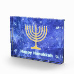 Hanukkah Snowstorm Menorah Photo Block<br><div class="desc">A glowing gold Hanukkah menorah and text reading "Happy Hanukkah" in glowing blue and white superimposed on a blue and white fractal image reminiscent of snowflakes in a storm. Chag Sameach!</div>