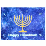 Hanukkah Snowstorm Menorah Photo Sculpture Magnet<br><div class="desc">A glowing gold Hanukkah menorah and "Happy Hanukkah" in glowing blue and white text superimposed on a blue and white fractal image reminiscent of snowflakes in a storm. Chag Sameach!</div>