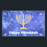 Hanukkah Snowstorm Menorah Rectangular Sticker<br><div class="desc">A glowing gold Hanukkah menorah and "Happy Hanukkah" in glowing blue and white text superimposed on a blue and white fractal image reminiscent of snowflakes in a storm. Chag Sameach!</div>