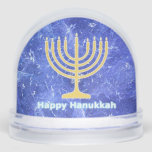 Hanukkah Snowstorm Menorah Snowglobe<br><div class="desc">A glowing gold Hanukkah menorah and text reading "Happy Hanukkah" in glowing blue and white superimposed on a blue and white fractal image reminiscent of snowflakes in a storm. Chag Sameach!</div>