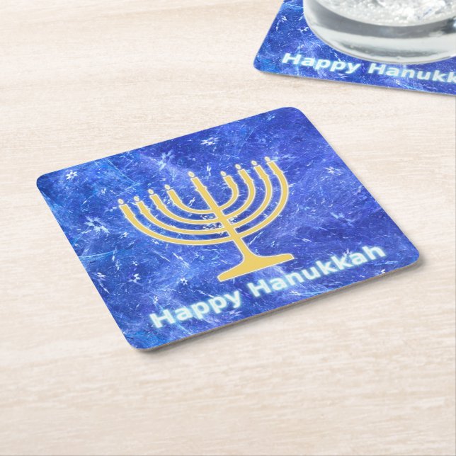 Hanukkah Snowstorm Menorah Square Paper Coaster (Angled)