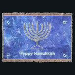 Hanukkah Snowstorm Menorah Throw Blanket<br><div class="desc">A glowing gold Hanukkah menorah and "Happy Hanukkah" in glowing blue and white text superimposed on a blue and white fractal image reminiscent of snowflakes in a storm. Chag Sameach!</div>