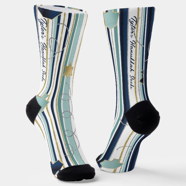 Hanukkah Socks "Blue and Gold Stripes" (Angled)