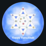 Hanukkah Star and Snowflakes Blue Classic Round Sticker<br><div class="desc">Stickers with my design of the Star of David and little colourful snowflakes on a blue and white background. Text says "Happy Hanukkah".</div>