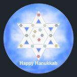 Hanukkah Star and Snowflakes Blue Classic Round Sticker<br><div class="desc">Stickers with my design of the Star of David and little colourful snowflakes on a blue and white background. Text says "Happy Hanukkah".</div>