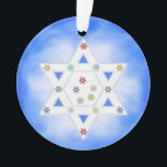 Hanukkah Star and Snowflakes Blue Ornament<br><div class="desc">Ornament with my design for Hanukkah with the Star of David and little colourful snowflakes on a blue and white frosty look background.</div>