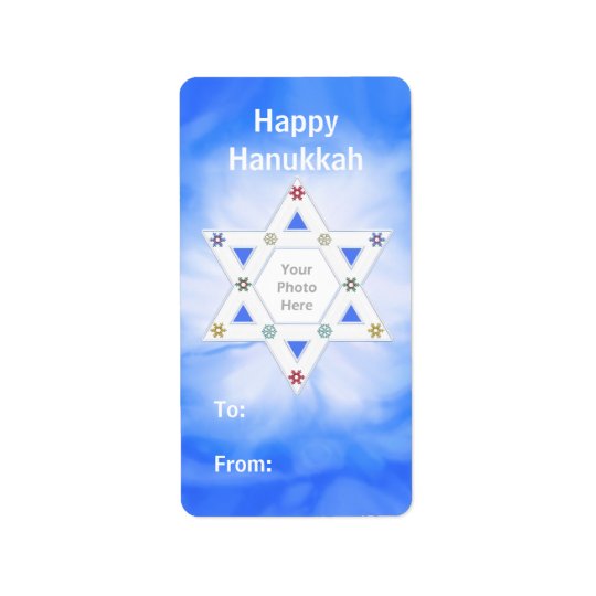 Hanukkah Star and Snowflakes Blue Photo Gift Tag Address Label