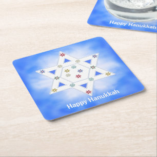 Hanukkah Star and Snowflakes Blue Square Paper Coaster