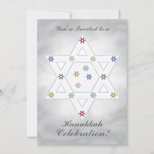 Hanukkah Star and Snowflakes Celebration Silver Invitation (Front)