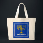 HANUKKAH Star David Menorah Personalised BLUE Large Tote Bag<br><div class="desc">Stylish tote bag with gold coloured menorah and silver coloured Star of David on a BLUE background (blue to match the Israeli flag). The greeting HAPPY HANUKKAH is customisable so you can add your name or change the greeting. Other matching items are available in the HANUKKAH Collection by Berean Designs,...</div>