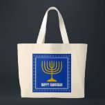 HANUKKAH Star David Menorah Personalised BLUE Large Tote Bag<br><div class="desc">Stylish tote bag with gold coloured menorah and silver coloured Star of David on a BLUE background (blue to match the Israeli flag). The greeting HAPPY HANUKKAH is customisable so you can add your name or change the greeting. Other matching items are available in the HANUKKAH Collection by Berean Designs,...</div>