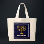 HANUKKAH Star David Menorah Personalised DARK BLUE Large Tote Bag<br><div class="desc">Stylish tote bag with gold coloured menorah and silver coloured Star of David on a DARK BLUE background. The greeting HAPPY HANUKKAH is customisable so you can add your name or change the greeting. Other matching items are available in the HANUKKAH Collection by Berean Designs, so you can create some...</div>